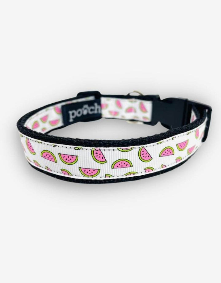 Watermelon Dog Collar with watermelon pattern, stainless steel D-ring, and durable clip.